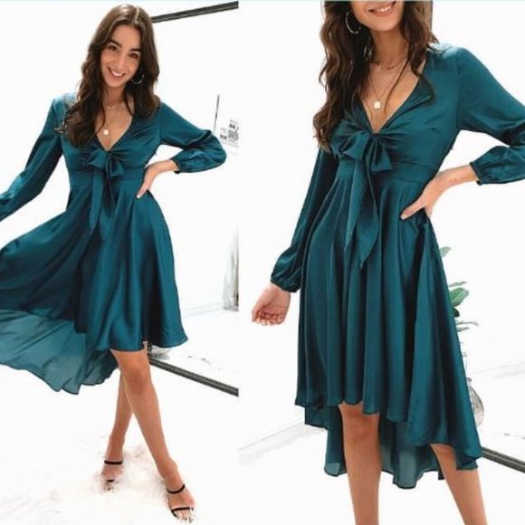 Dresses | Ally Teal Satin Assymetric 